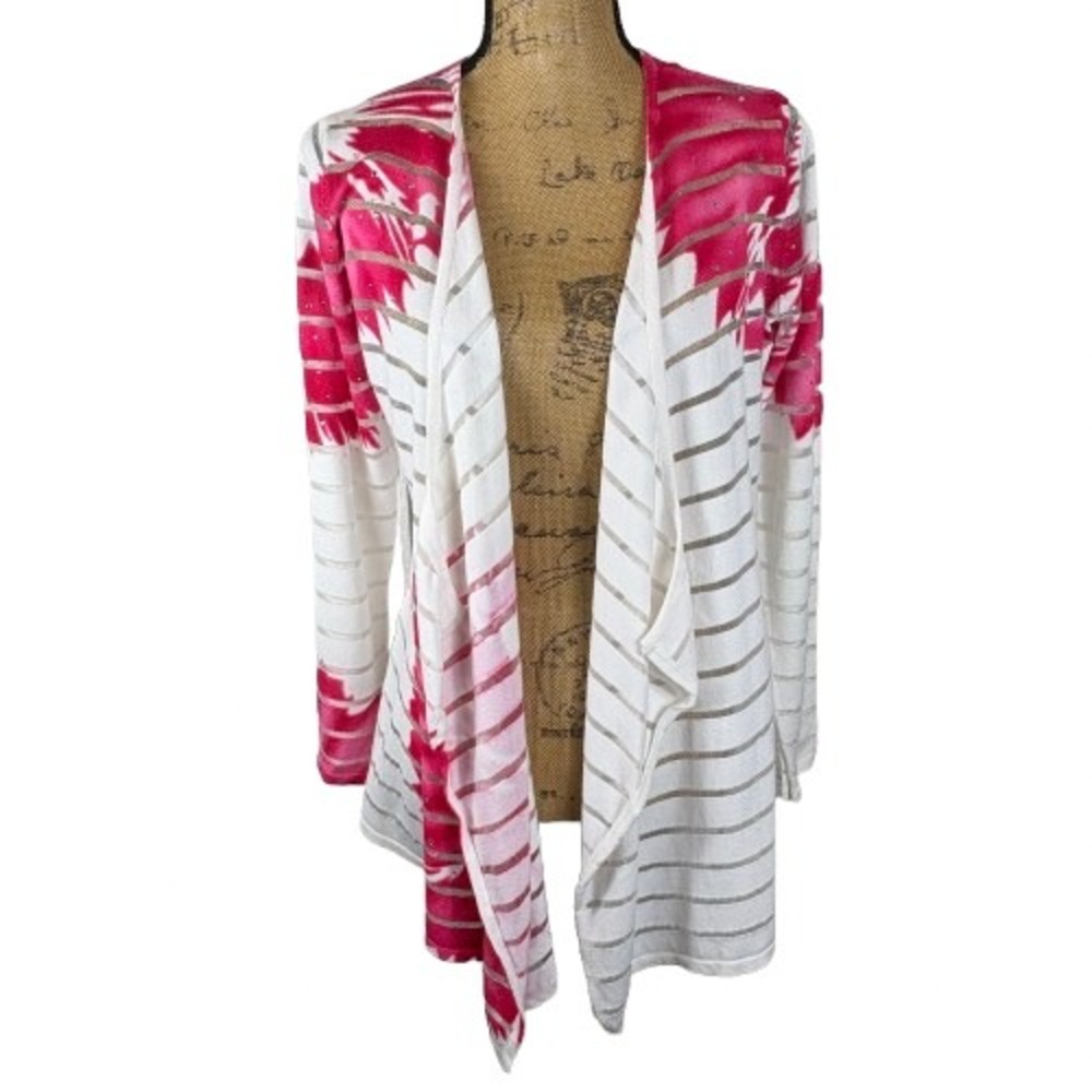 Fontana Draped Waterfall Cardigan Pink White Striped Rhinestone Floral Medium